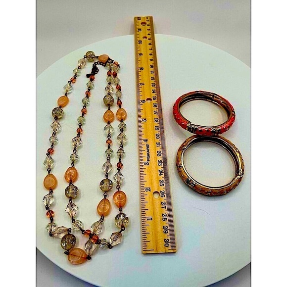 Vintage Beaded Necklace & Floral Enamel Bangle Set Crystal Pink Peach Cream N60 - Picture 7 of 7